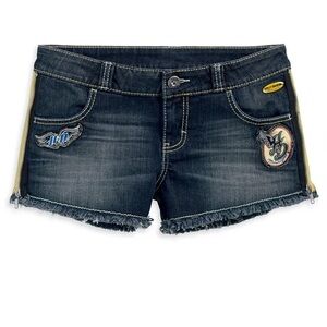 28. | Harley‑Davidson | Dark Blue Denim Shorts with Yellow Trim and side zippers